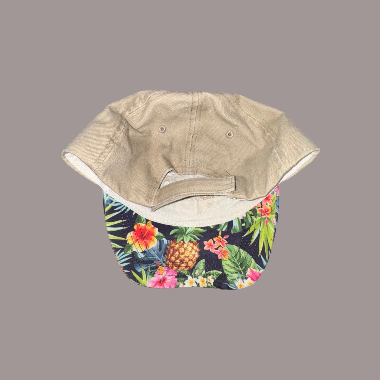 Outer Banks NC Floral Brim Strapback Hat Tan Tropical Pineapple Beach OBX Cap