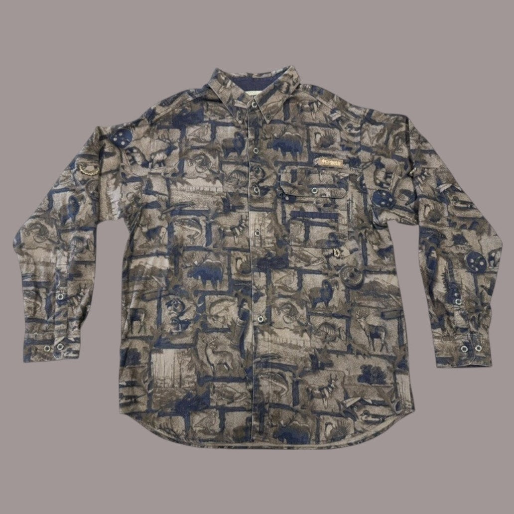 Columbia PHG Fishing Hunting Shirt Mens Medium All Over Print Outdoor Button Up