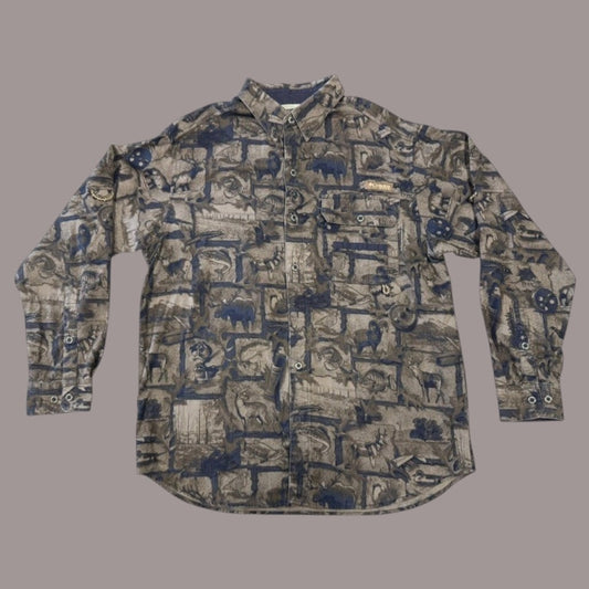 Columbia PHG Fishing Hunting Shirt Mens Medium All Over Print Outdoor Button Up