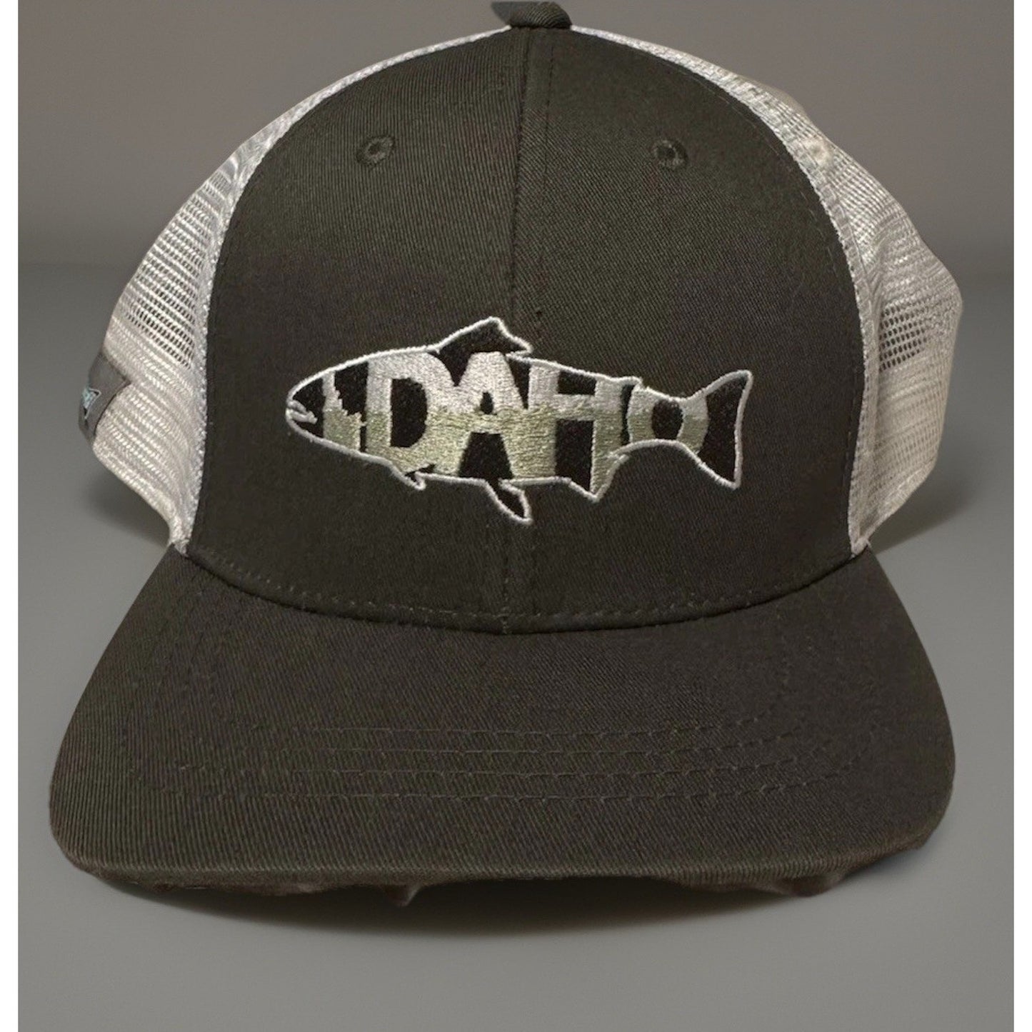 Fish Logo Trucker Hat Gray White Mesh Adjustable Snapback Fishing Idaho