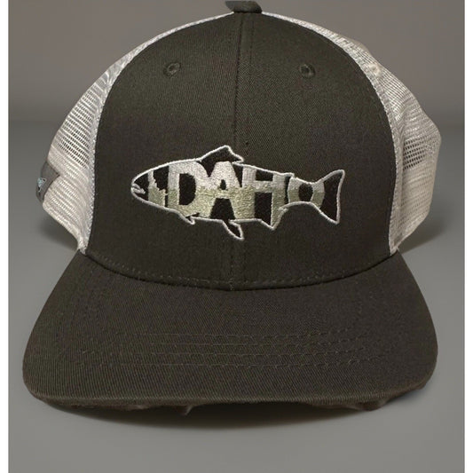 Fish Logo Trucker Hat Gray White Mesh Adjustable Snapback Fishing Idaho