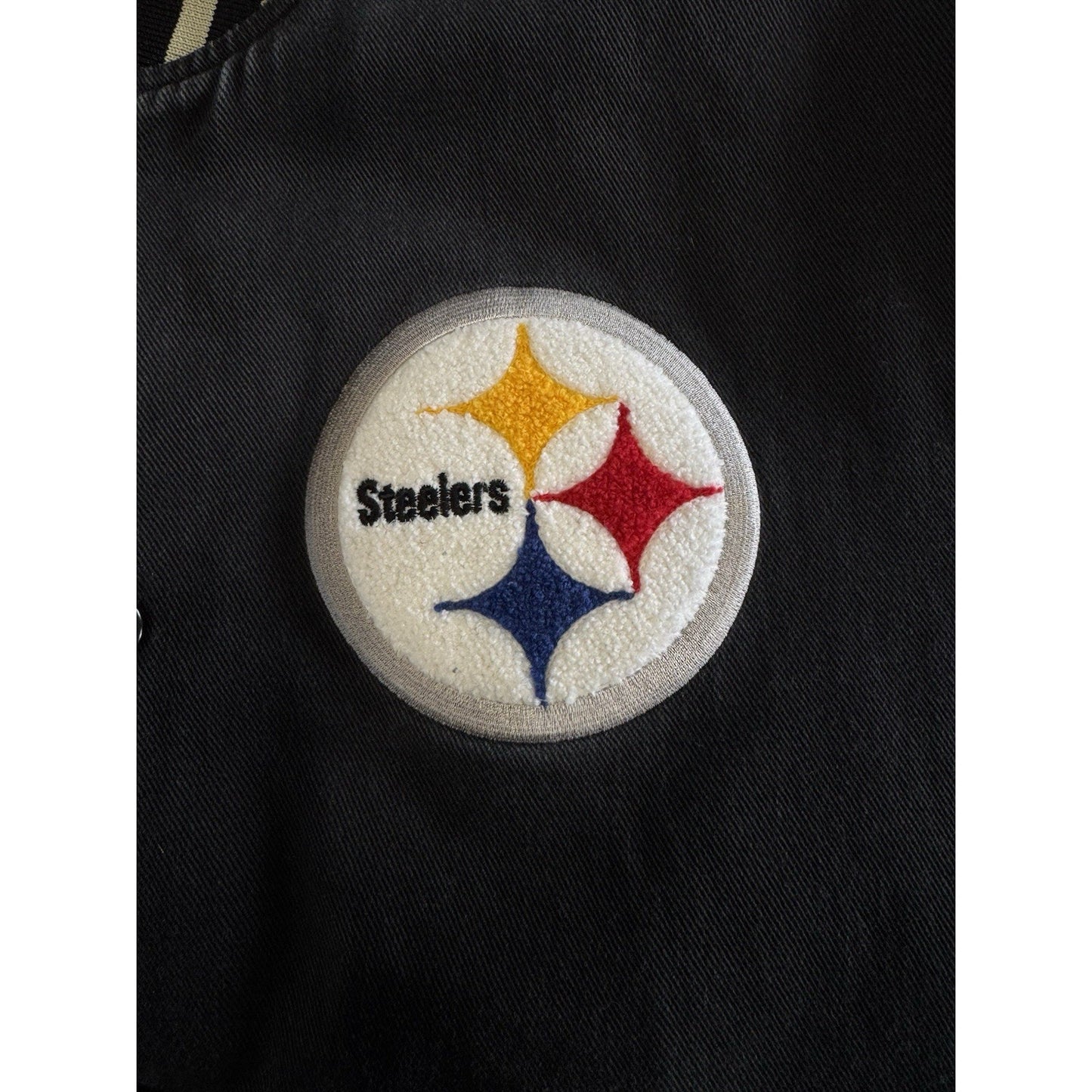 Pittsburgh Steelers NFL Varsity Jacket Mens Black Gold Vintage Snap Button