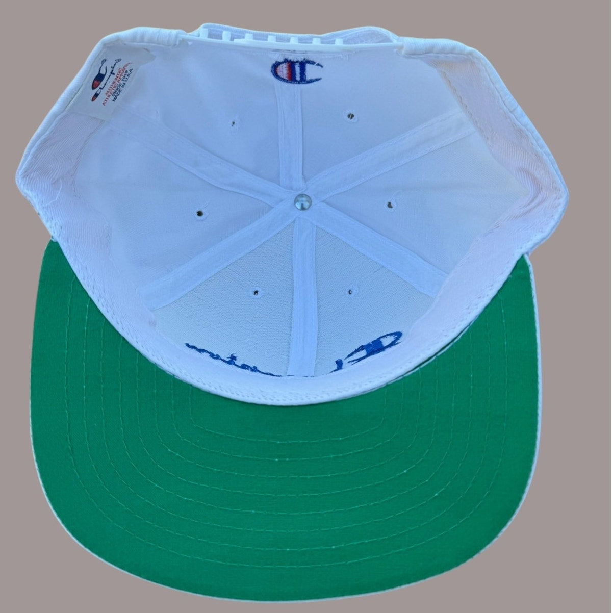 Vintage Champion Script Snapback Hat White Blue Logo Green Undervisor