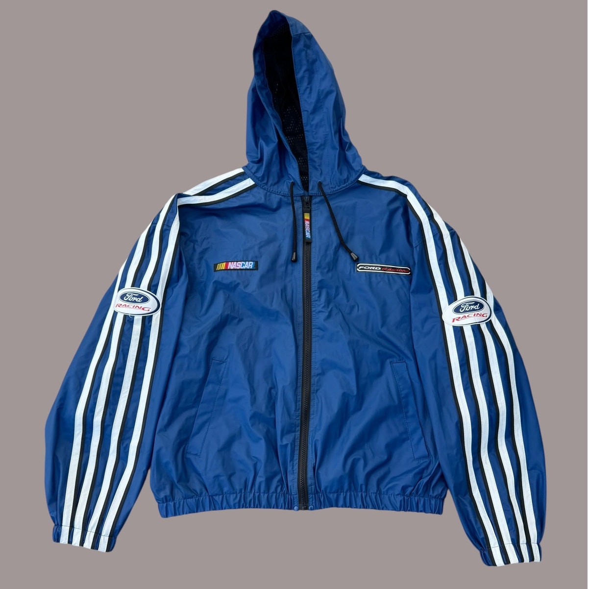 Vintage Ford Racing NASCAR Jacket ESSSEX Blue Hooded Windbreaker XL