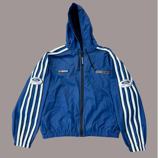 Vintage Ford Racing NASCAR Jacket ESSSEX Blue Hooded Windbreaker XL