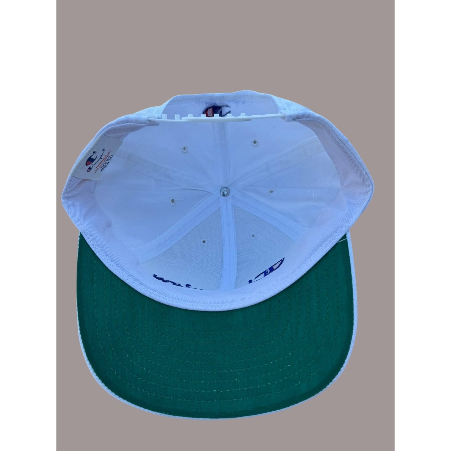 Vintage Champion Script Logo Snapback Hat White Blue Green Undervisor