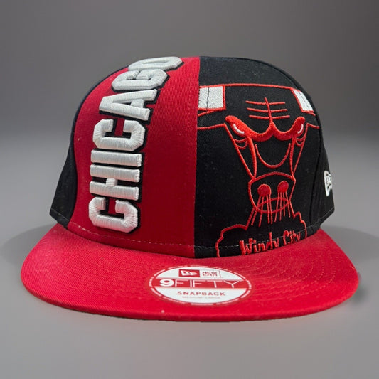 Chicago Bulls Split Panel NewEra 9Fifty SnapbackHat NBA Basketball Black and Red