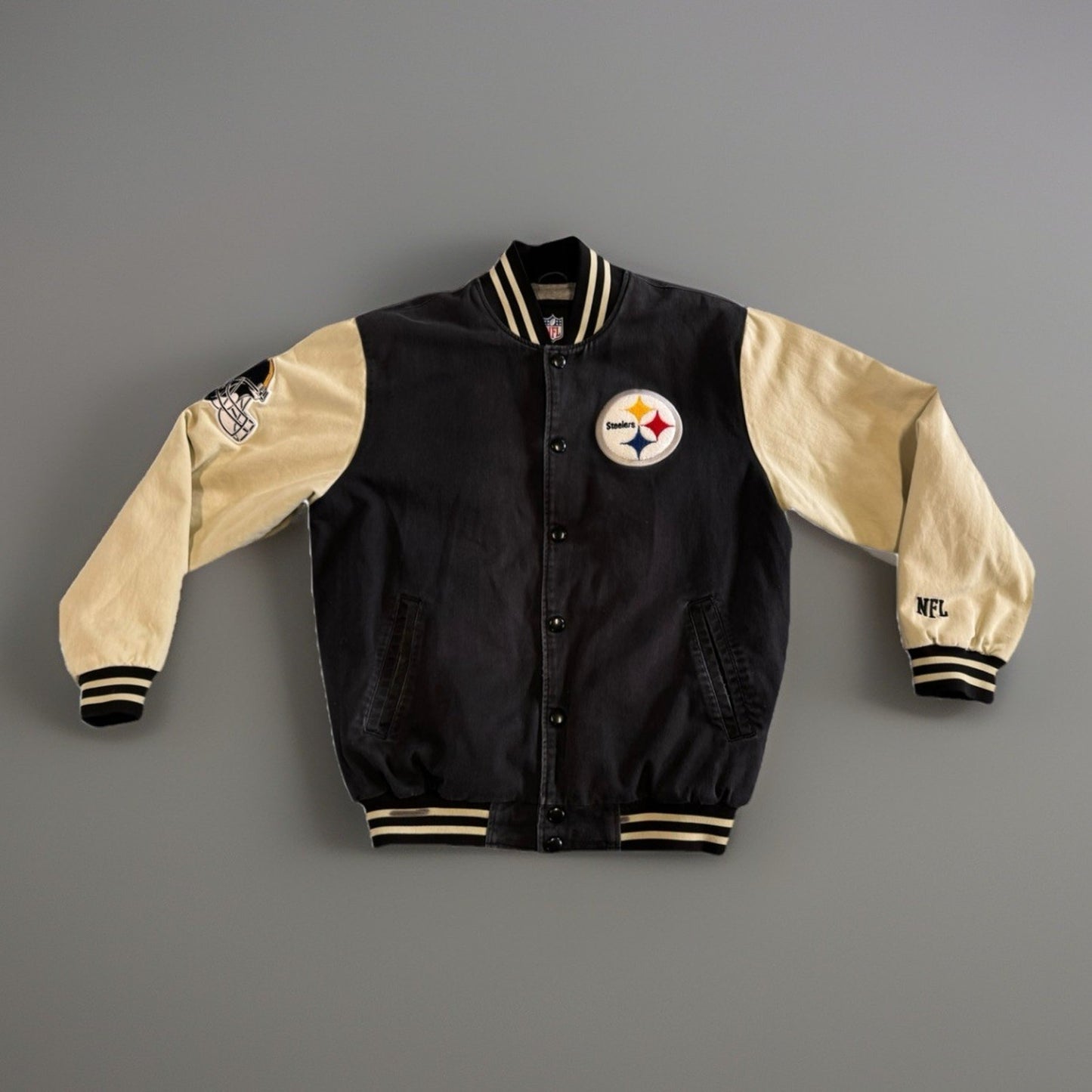 Pittsburgh Steelers NFL Varsity Jacket Mens Black Gold Vintage Snap Button