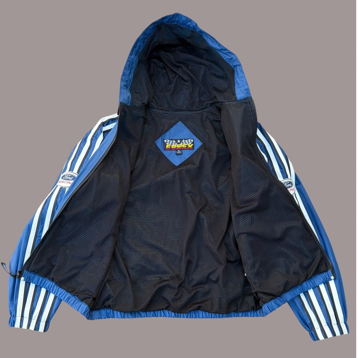 Vintage Ford Racing NASCAR Jacket ESSSEX Blue Hooded Windbreaker XL