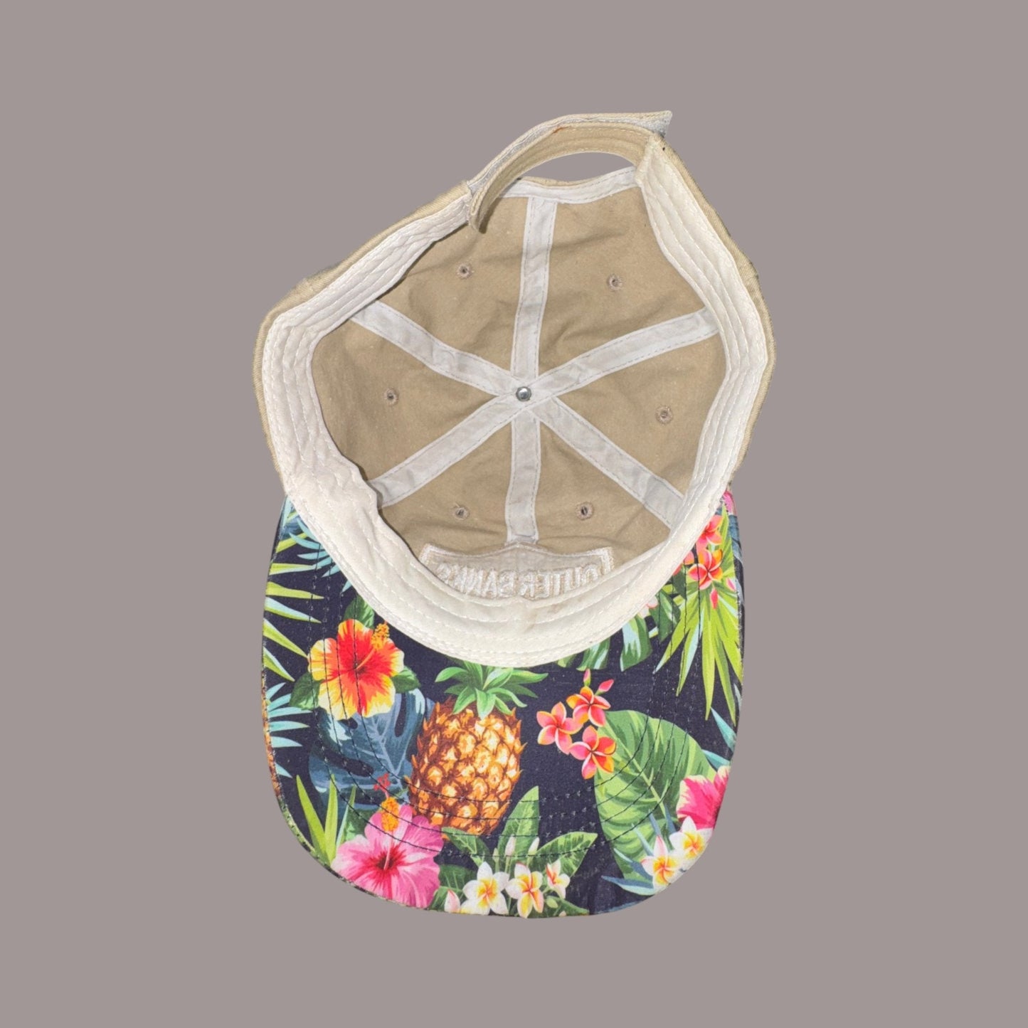 Outer Banks NC Floral Brim Strapback Hat Tan Tropical Pineapple Beach OBX Cap