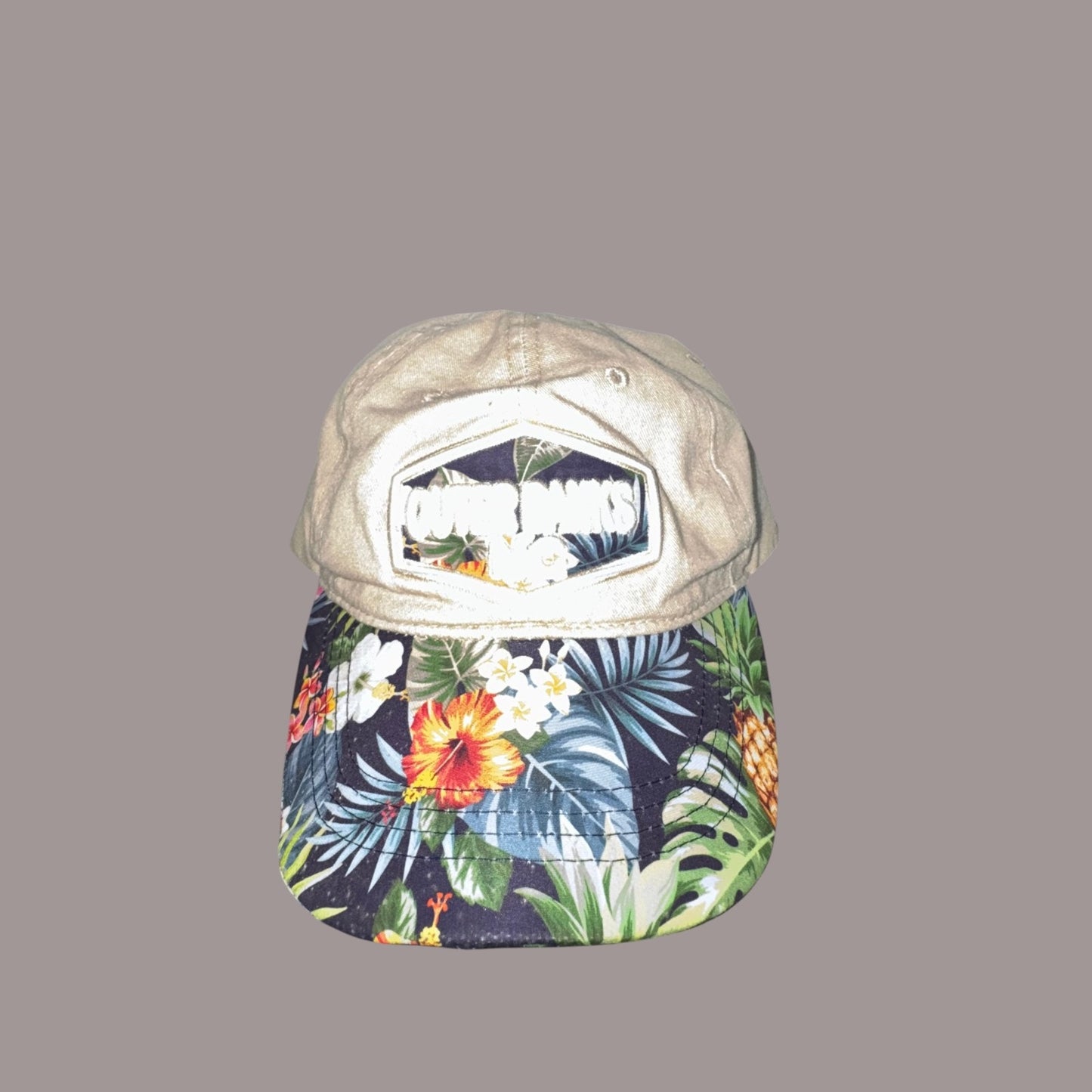 Outer Banks NC Floral Brim Strapback Hat Tan Tropical Pineapple Beach OBX Cap