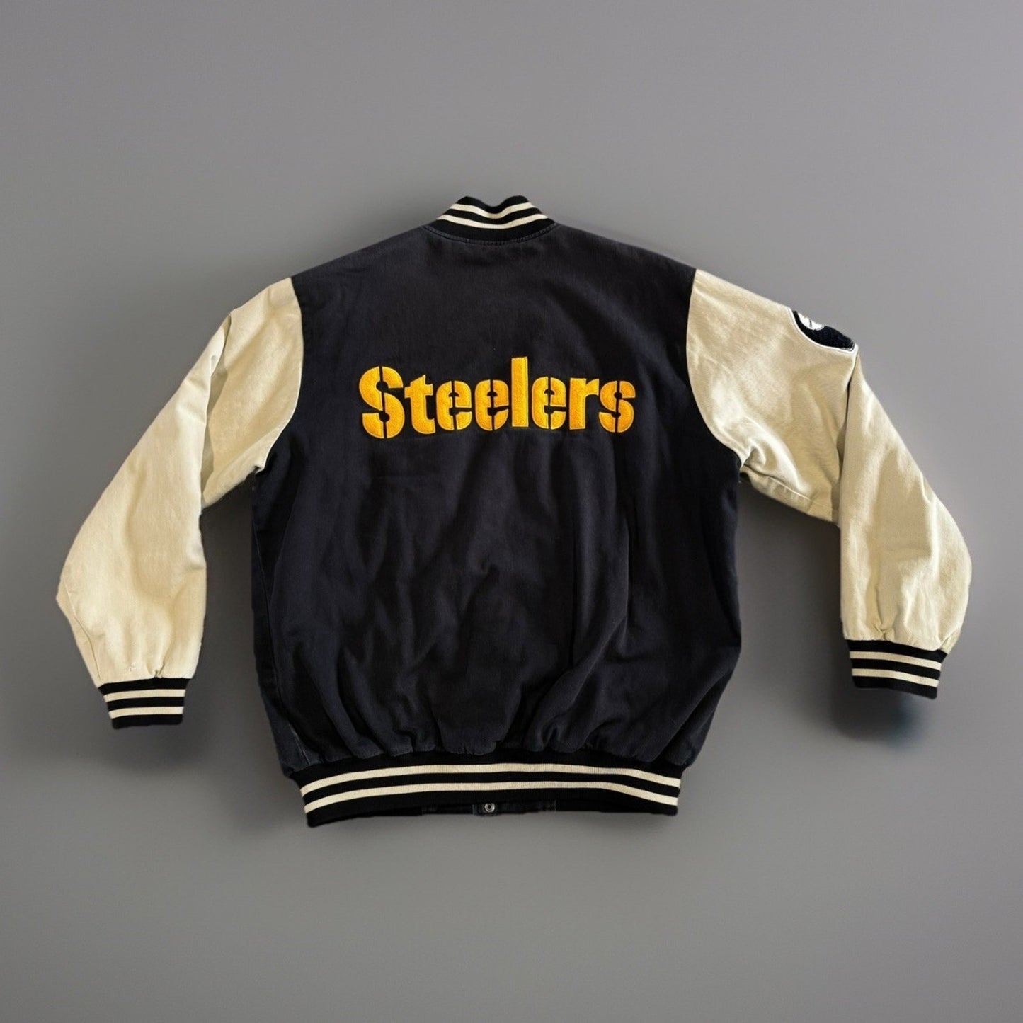Pittsburgh Steelers NFL Varsity Jacket Mens Black Gold Vintage Snap Button